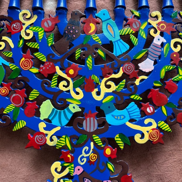 Laser Cut Hanukkah Menorah - Pomegranates + Birds, Cobalt Blue - Picture 3 of 10